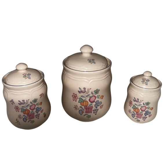 International China Stoneware Canister Set | 3-Piece Floral Bird Kitchen Decor - Picture 3 of 11